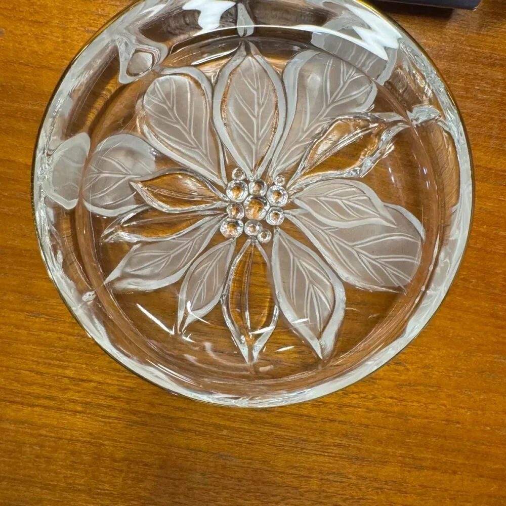 NEW Lead Crystal Poinsetta Candy Dish with Gold Trim New in Original Box